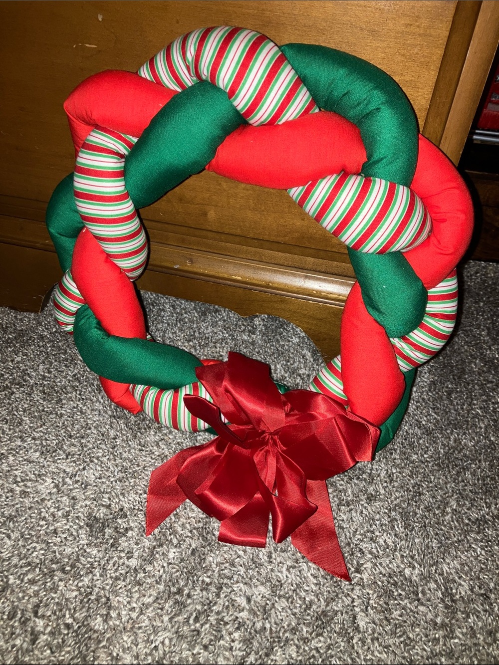 Handmade Holiday Braided Red & Green Wreath with Striped Accents 12”